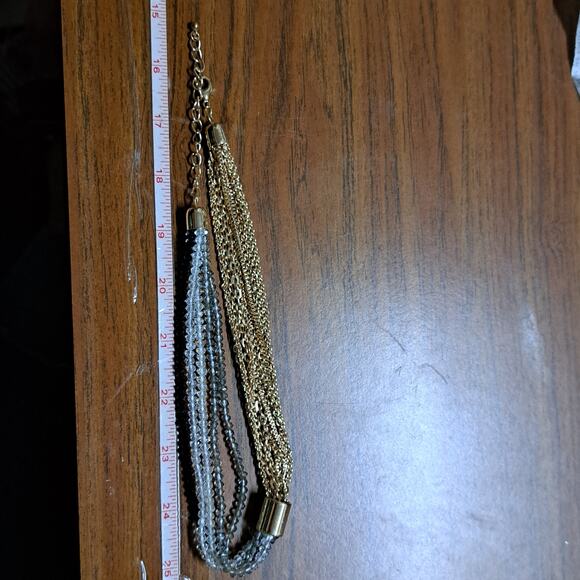 Multi strand Goldtone chain multi strand clear smoke black beads necklace - Picture 3 of 3